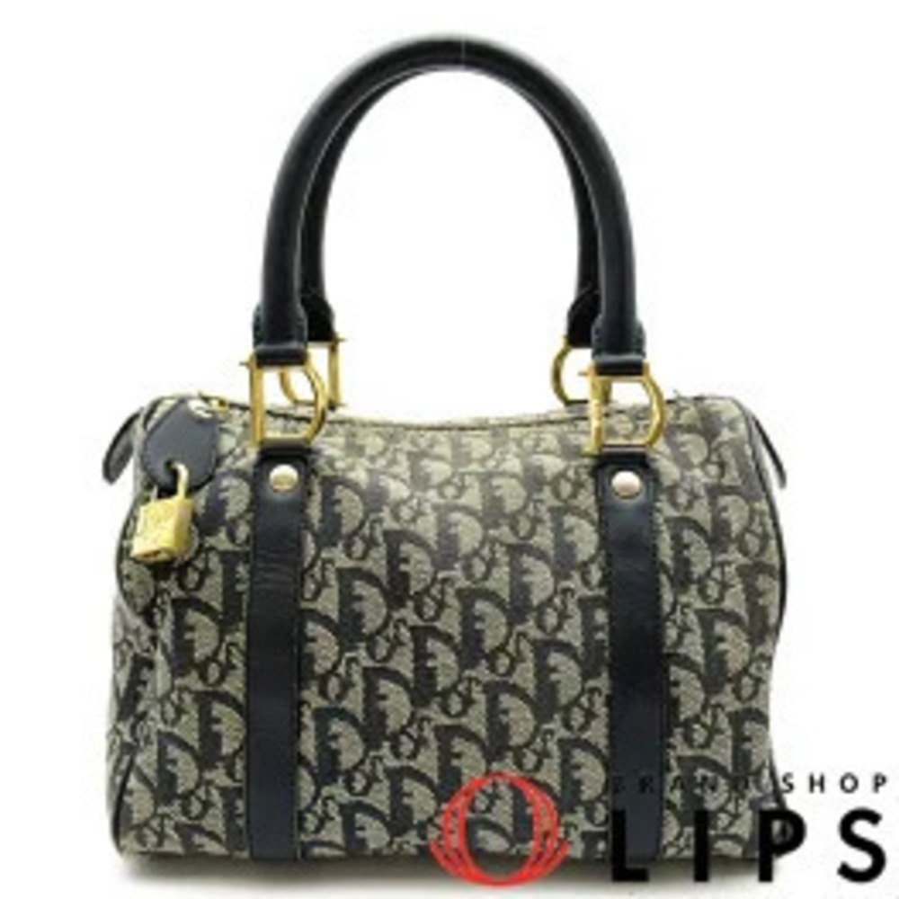 Christian Dior Trotter Boston Bag Canvas Leather Navy Blue
